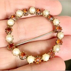 3 for $30 Vintage SilverTone Circle Brooch Pin Faux Pearls Orange Crystals